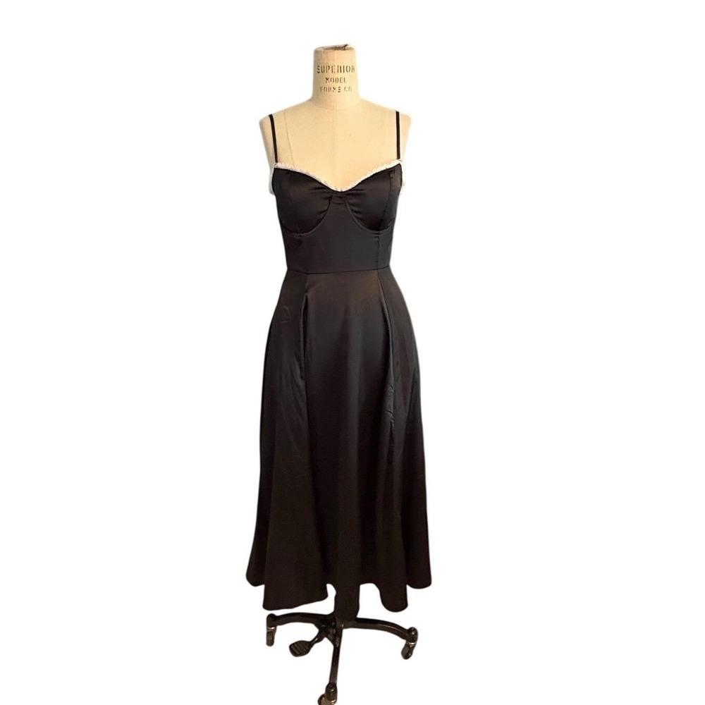 Black Satin Corset Midi Dress Lace‎ Trim Sweetheart Whimsigoth Dark Romance XS